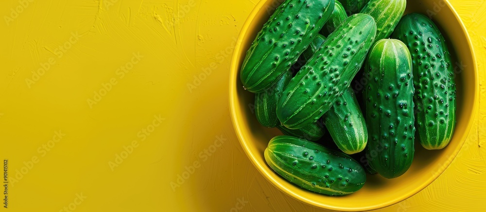 Aufkleber a plethora of ripe green cucumbers neatly arranged in a yellow bowl for a top view close up shot per