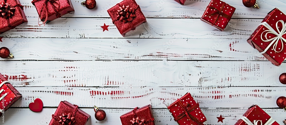 Poster Red Christmas gift boxes arranged at the edge of a white wooden panel with space for adding text or images for a complementing look. copy space available