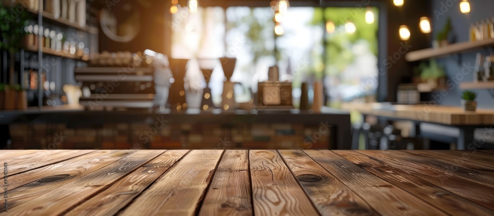 Poster empty brown wooden table with a blurred coffee shop background perfect for product display or photom