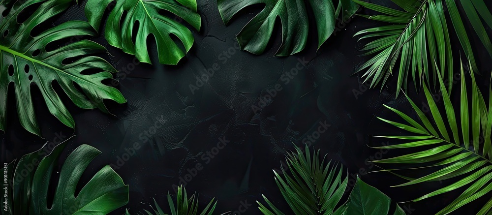 Poster an exotic summer themed banner featuring dark tropical elements like vivid green palm leaves forming