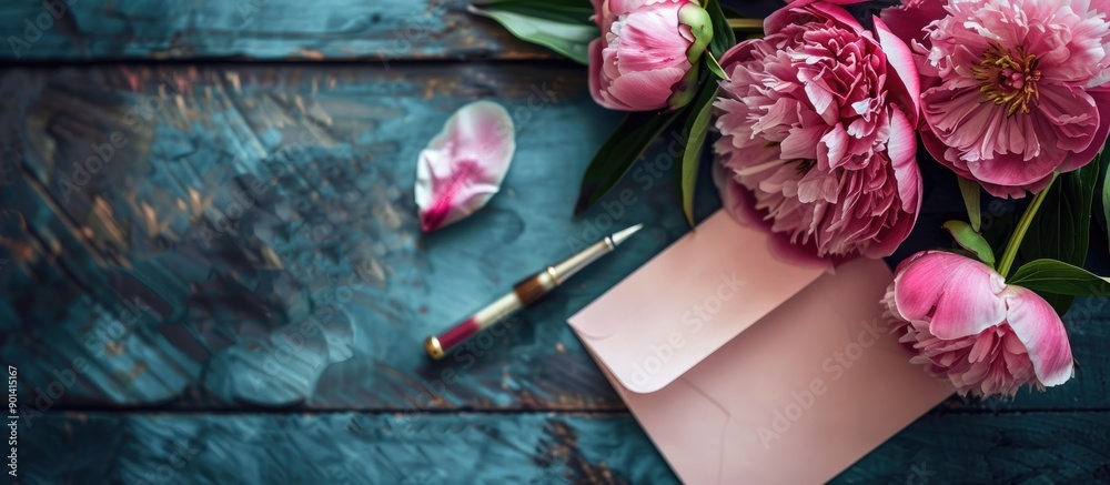 Aufkleber A card mockup featuring peonies an ink pen and a rustic craft setting with copy space image