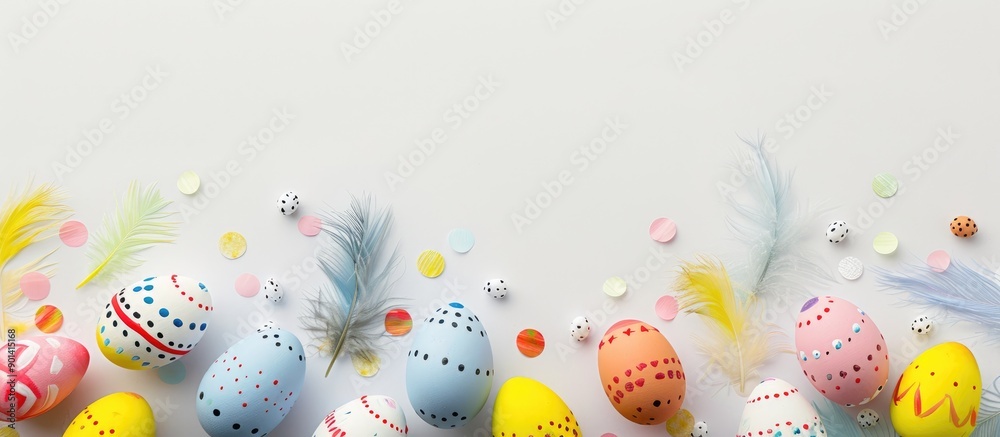 Poster Easter holiday themed flat lay with colored handmade eggs painted with feathers on a white background creating a seasonal copy space image