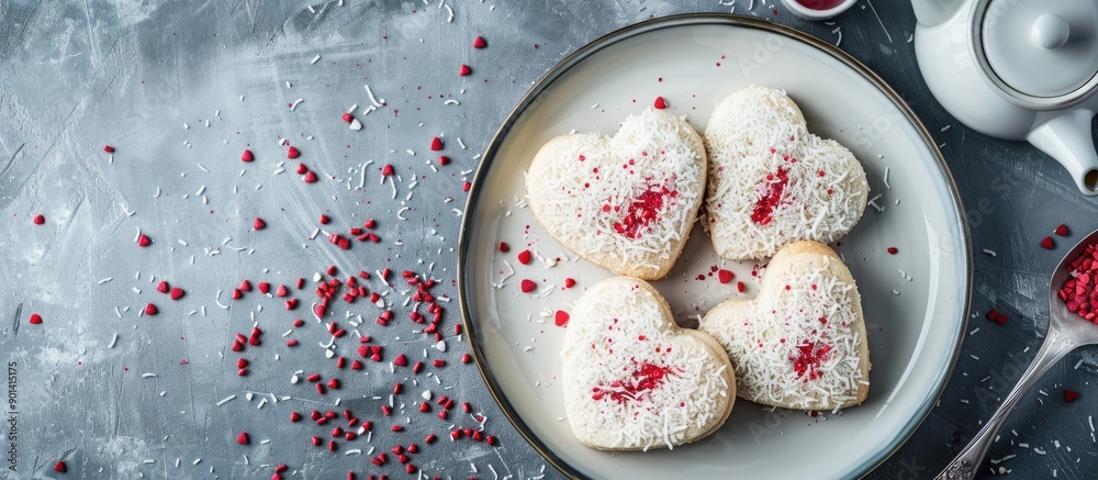 Aufkleber white heart shaped valentine s day cookies with coconut red sprinkles white teapot on plate ideal fo