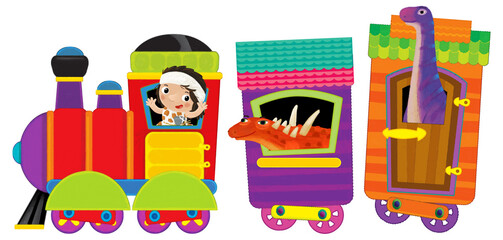 Fototapeta premium Cartoon funny looking colorful wagon with dino dinosaur animal lizard and caveman conductor isolated illustration for children