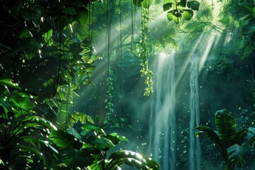 Lush Green Jungle Waterfall in Dense Overgrown Forest with Bright Sunlight Shining Through