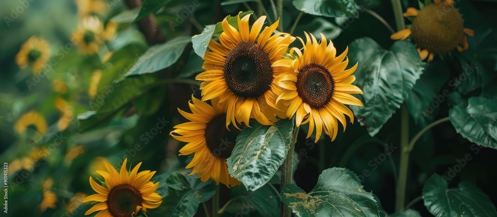 Leinwandbilder sunflowers displayed against a lush garden backdrop creating a serene copy space image