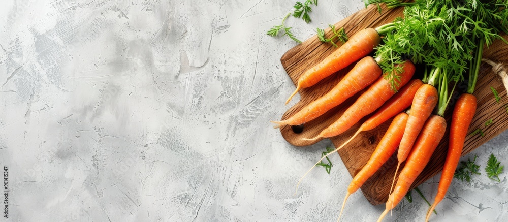 Poster a wooden board displaying fresh carrots against a light backdrop with spacious copy space image