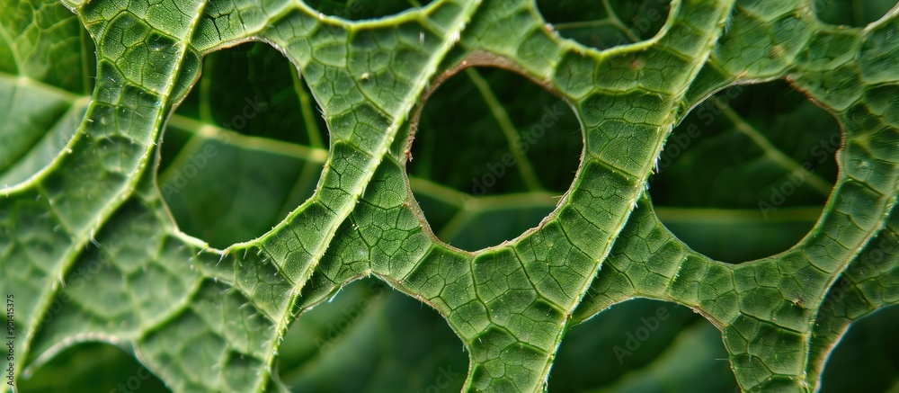 Aufkleber Close up of a fresh green leaf with hollow circles in an abstract natural pattern creating an ideal background for text or images. copy space available