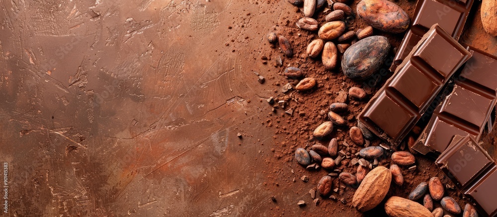 Poster Chocolate bar fragments with cocoa beans on a brown concrete backdrop with copy space image