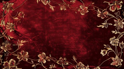Luxury Red Velvet Background with Ornate Golden Floral Border Vintage Decorative Frame.