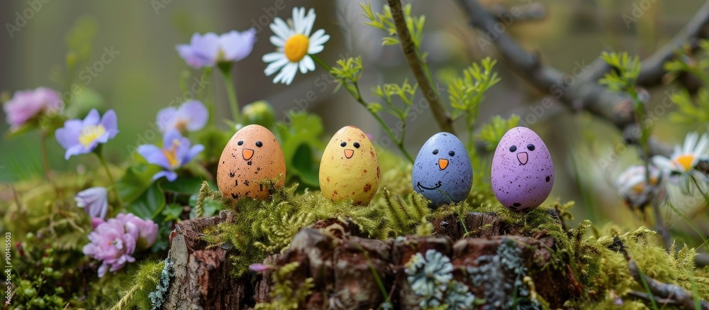 Poster easter eggs with adorable faces displayed on a tree stump amid flowers and moss in a copy space imag