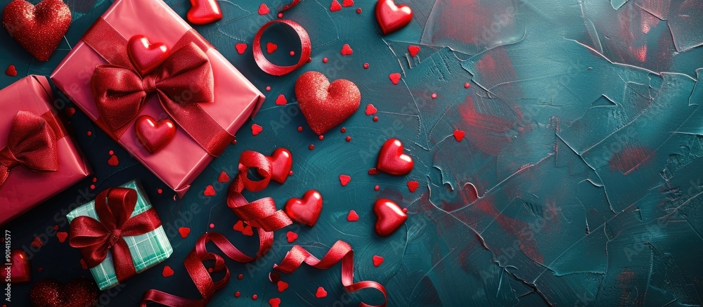 Poster colorful valentine s day design featuring gift boxes red fabric hearts and a copy space image all ca