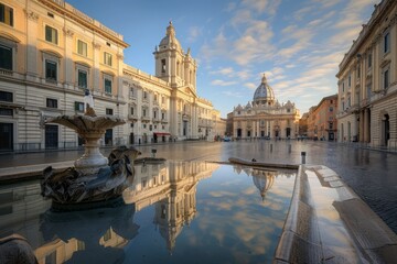 Fototapeta premium The vibrant colors of the Italian flag shimmer in a fountain as soft morning light bathes the historic surroundings of Rome.