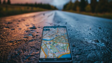 Smartphone with map on wet road