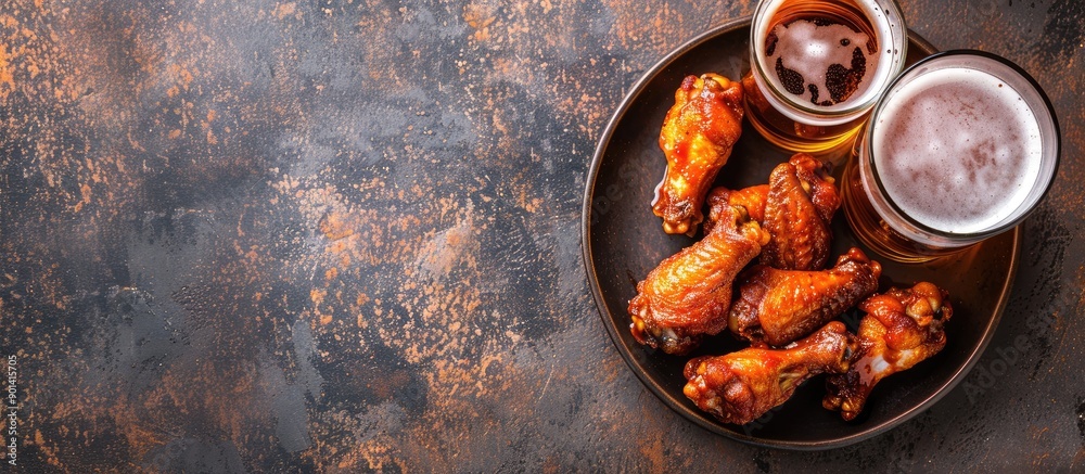 Aufkleber Top view of buffalo style chicken wings served with cold beer with space for text or graphics in the image. copy space available