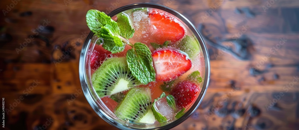 Poster An overhead view of a refreshing strawberry and kiwi mojito in a glass on a wooden table with ample space for additional images