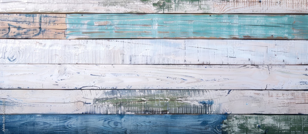 Aufkleber top view of natural wooden planks with white blue and green hues provides a textured backdrop suitab