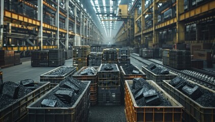 Obraz premium Industrial Interior with Coal-Filled Containers in an Industrial Setting