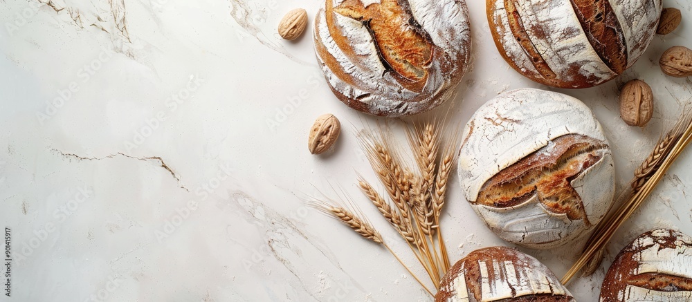 Poster Overhead view of rye and wheat loaves with flour traces on a white marble surface featuring a space for text ideal for a copy space image