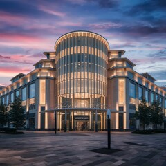 exterior design of a mall, inviting lights. The building is a modern architectural masterpiece