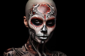Artistic portrait of a person with detailed skull makeup, evoking a sense of the macabre