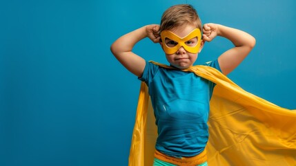 Child in a superhero costume against a blue background.