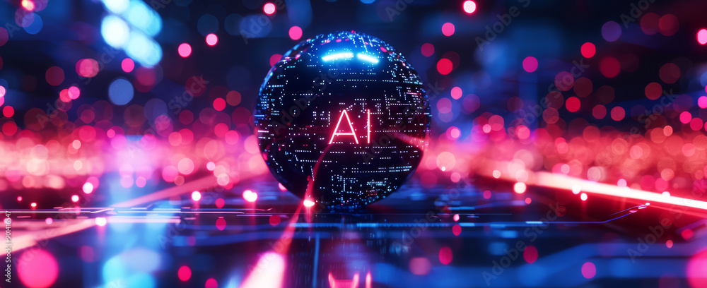 Poster glowing holographic text AI on a sphere with circuit board patterns floating in space, 