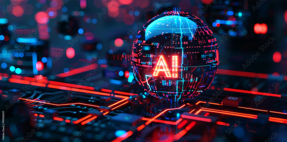 Poster glowing holographic text AI on a sphere with circuit board patterns floating in space, 