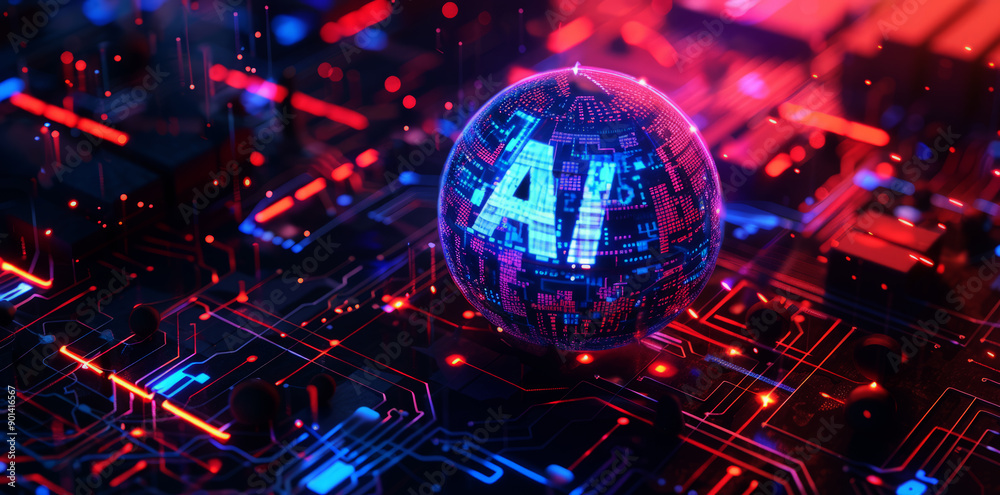 Poster glowing holographic text AI on a sphere with circuit board patterns floating in space, 