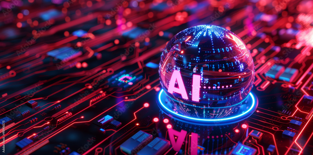 Poster glowing holographic text AI on a sphere with circuit board patterns floating in space, 
