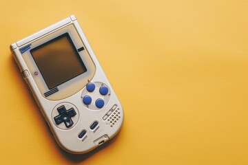 An isolated vintage handheld gaming console rests on a vibrant yellow surface, inviting nostalgia for classic gaming adventures.