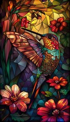 A hummingbird is perched on a flower in a stained glass window