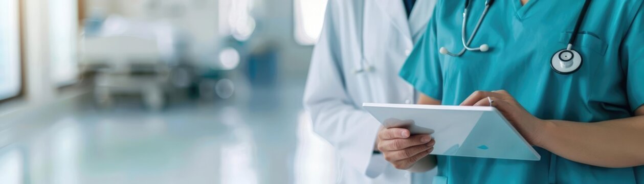 Doctor and nurse examining patient s medical records on tablet, detailed hospital office scene, advanced healthcare technology