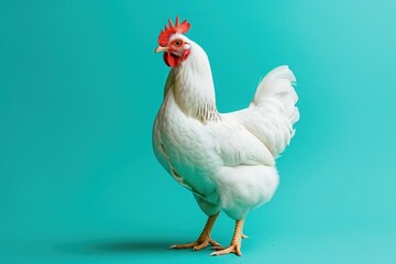 A white chicken stands confidently, showcasing its elegant features and striking red comb against a bright turquoise background.