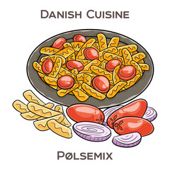 Polsemix is a popular Danish fast food dish consisting of sliced sausages mixed with french fries and topped with various condiments, typically ketchup, remoulade, and raw onions.