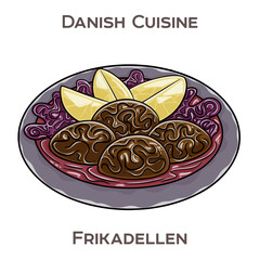 Frikadellen is a traditional Danish dish consisting of seasoned ground meat formed into meatballs or patties, often served with potatoes and gravy.