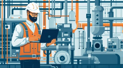 Fototapeta premium A production engineer, a technologist with a laptop, works in a factory. Near industrial equipment, the engineer maintains it. A master handles jobs in a chemical plant. 