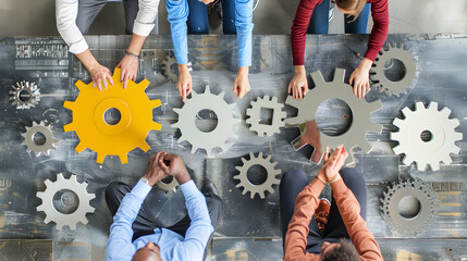 Group of people working in the office while putting together cogwheel. Generative Ai.