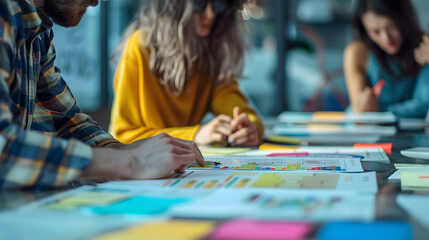 hand together creative agency business brain storm meeting presentation Team discussing roadmap to product launch. Generative Ai.