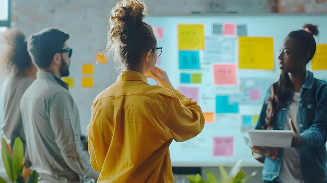 hand together creative agency business brain storm meeting presentation Team discussing roadmap to product launch. Generative Ai.