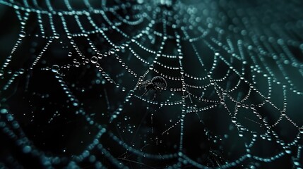 Fototapeta premium Close-up of a spider web glistening with dewdrops in the dark, showcasing the intricate patterns and natural beauty of the web.