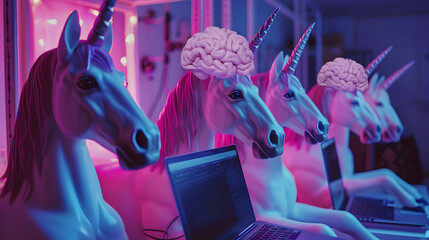 Horses becoming unicorns on treadmill behind buffering brain on laptop screen. Generative Ai.