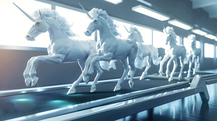 Horses becoming unicorns on treadmill behind buffering brain on laptop screen. Generative Ai.