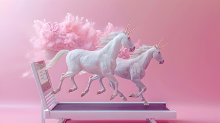 Horses becoming unicorns on treadmill behind buffering brain on laptop screen. Generative Ai.