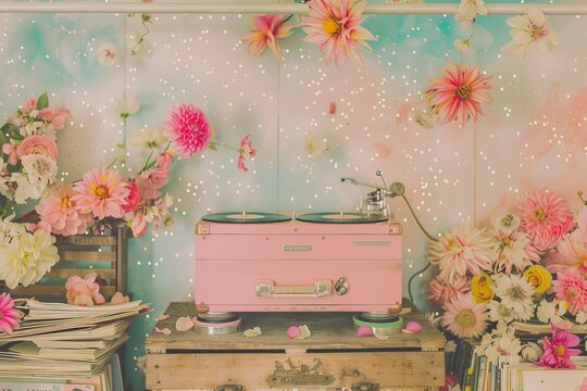 Vintage record player with floral decor and whimsical atmosphere