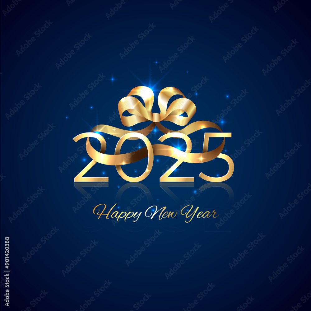 Wall mural happy new year 2025, 25. shiny golden 2025 with ribbon bow on blue background. holiday greeting card