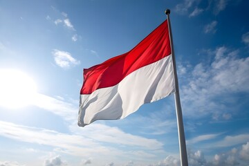Naklejka premium Indonesia national flag waving in blue sky Red and white flag with clouds