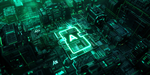 A futuristic and sci-fi style AI logo with glowing green lights on the background of an advanced space station, 