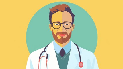 Fototapeta premium A modern doctor portrait featuring a bearded male practitioner wearing glasses, a white coat, and a stethoscope against a bright background.