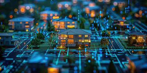 Miniature houses connected by glowing digital lines, representing a smart home network and modern technology integration.